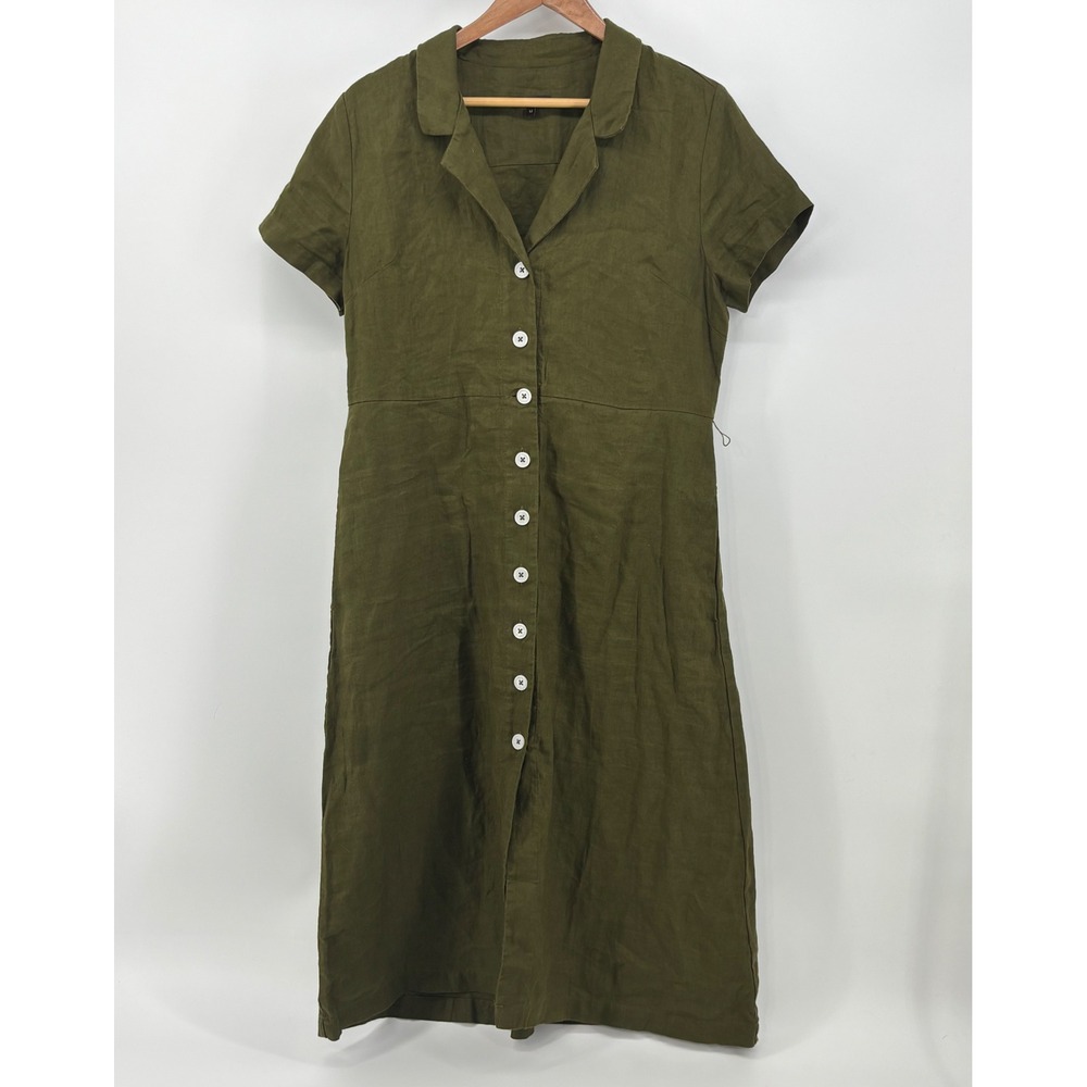 Quince 100% Linen Button Front Dress Women Medium Olive Green Short Sleeve Midi